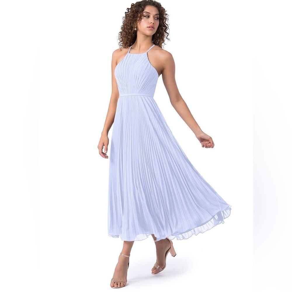 AZAZIE DASHA Pleated Below Knee Chiffon A-Line Dress Sky Blue Size 6 - Picture 2 of 10